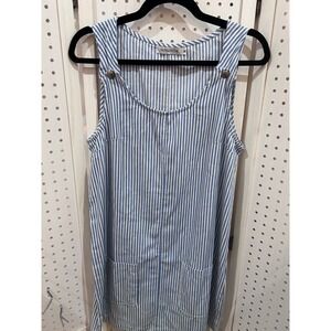 MISSLOOK Blue White Stripe Pinafore Dress Button Detail Pockets Size M
